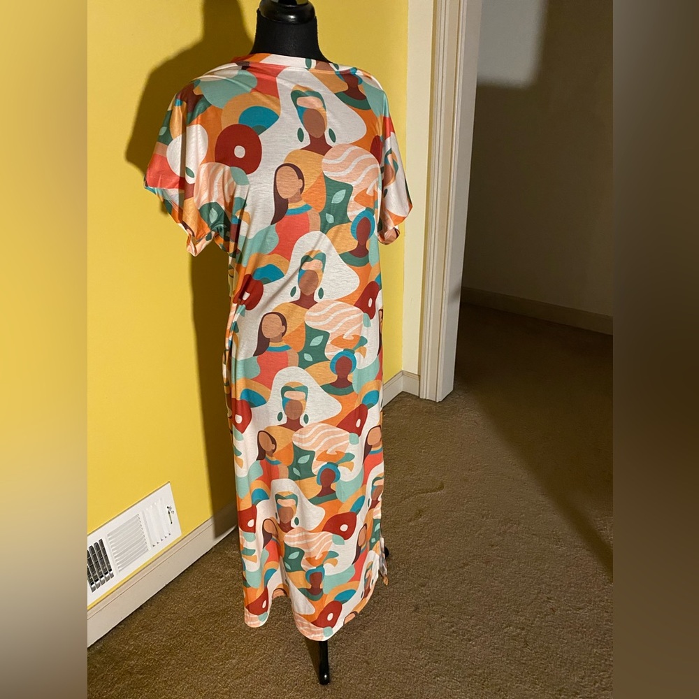 Abstract Print Maxi Dress in Teal, Rust & Cream